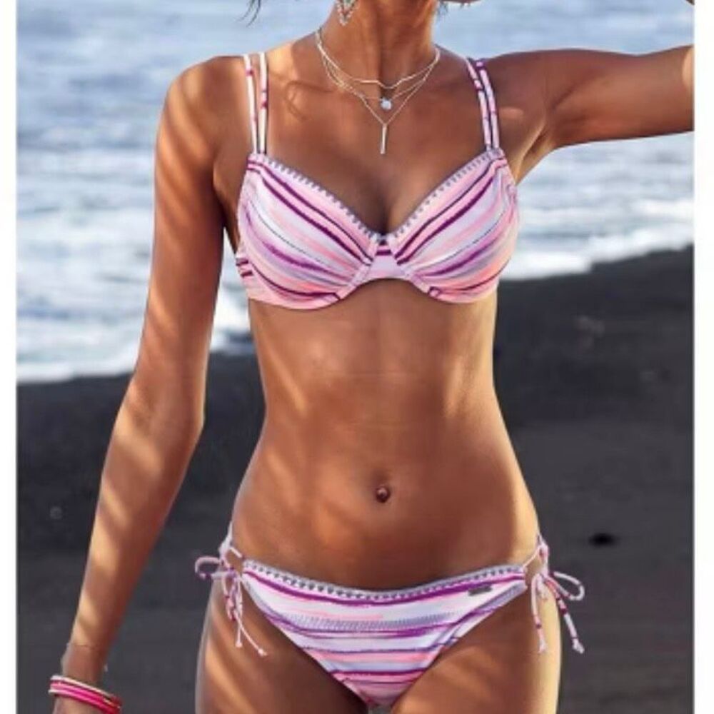 Venice Beach 32B Top Size 2 Bottoms Two Piece Bikini Set Pink Retro Print